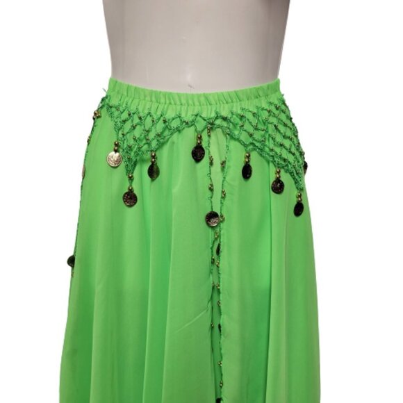 Green Belly Dance Performance Costume Sequin Beaded Skirt Elastic Waistband NEW - Picture 2 of 4
